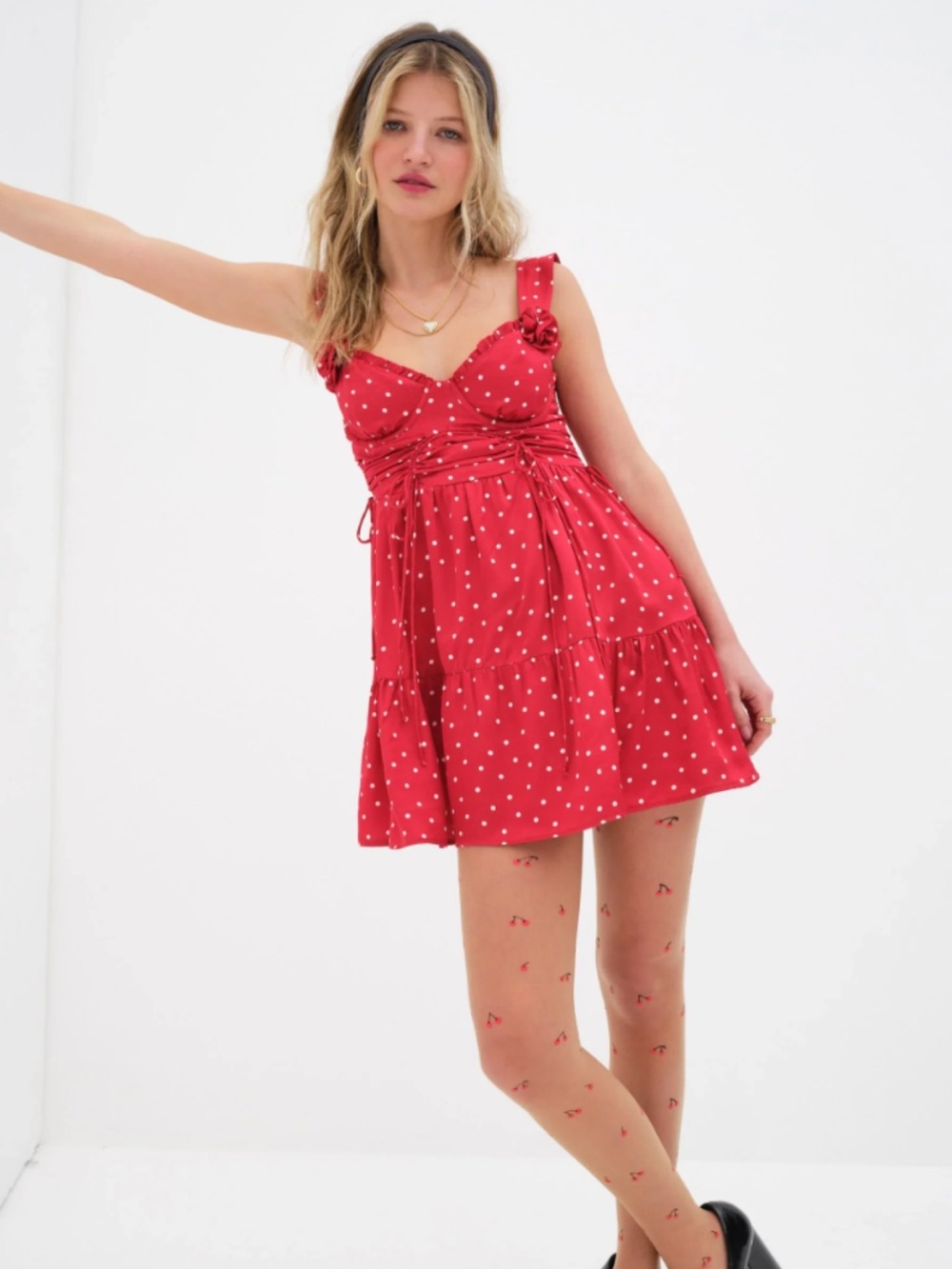 XS NWT For Love & Lemons Red Polka-Dot Mini Dress *game day
